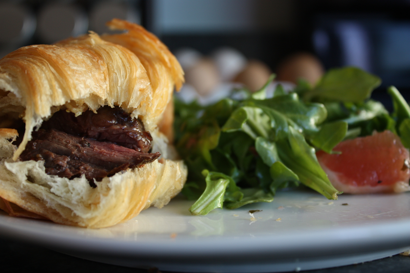 Croissant steak sandwich made with a buttery French croissant and hanger steak