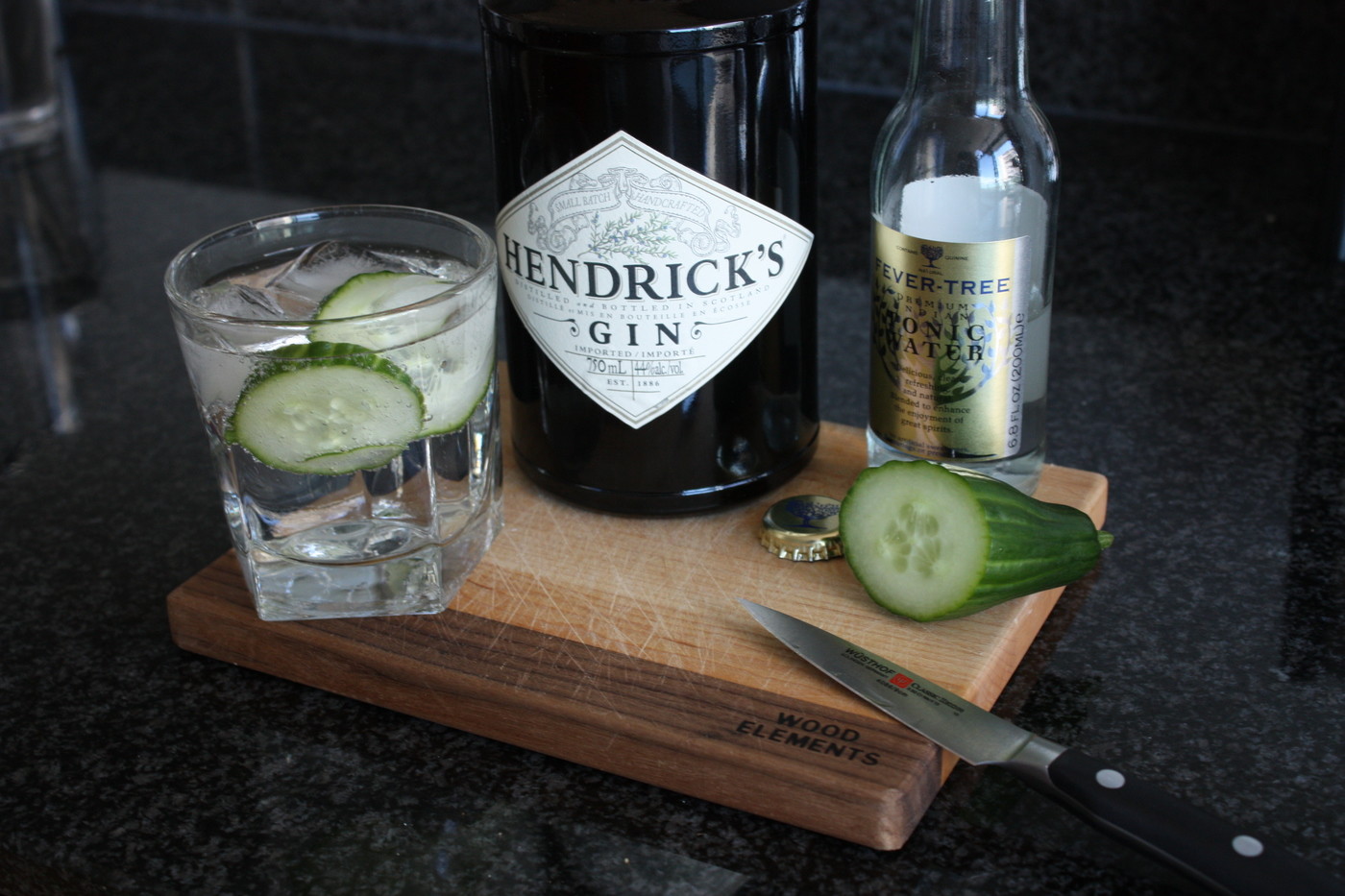 Cucumber gin and tonic made with Hendrick's gin, Fever Tree tonic water, and English cucumber