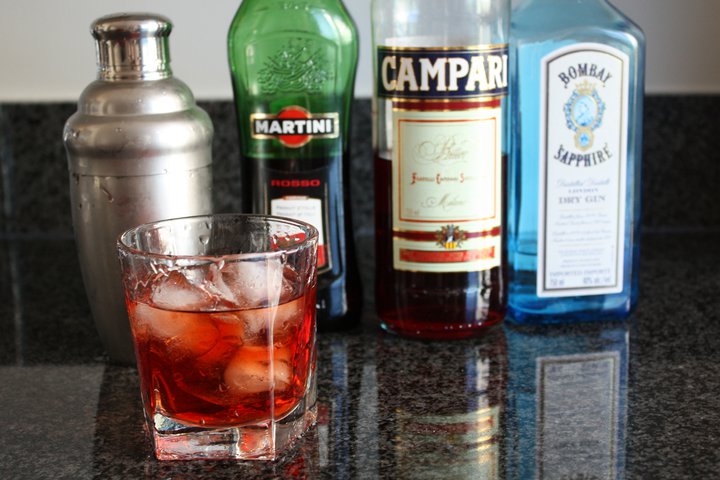 Negroni cocktail made with Campari, Bombay Sapphire, and Martini Rosso