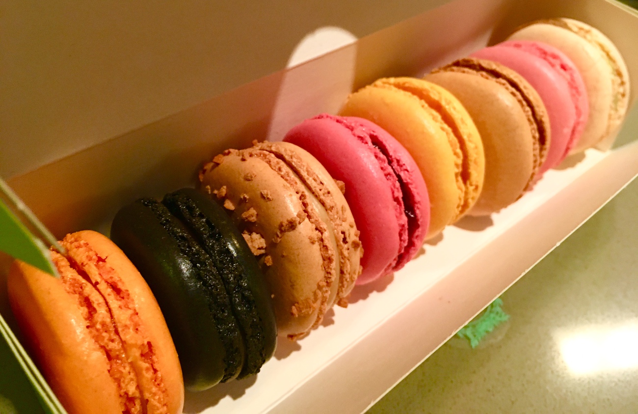 Macarons from Ladurée Toronto. From left to right: passionfruit, liquorice, maple syrup, raspberry, orange blossom, salted caramel, rose, lemon