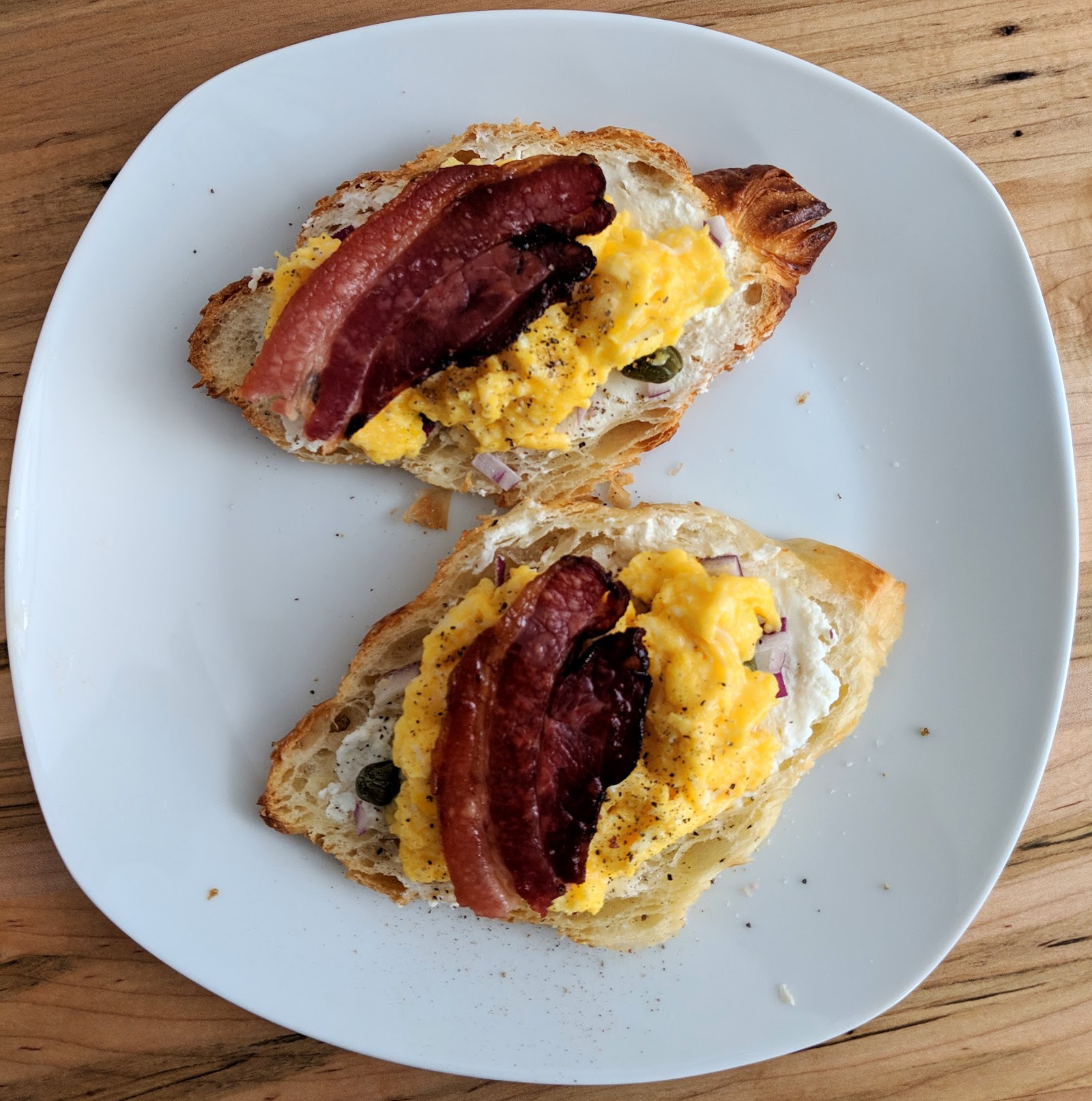 Bird's eye view of the croissant breakfast sandwiches