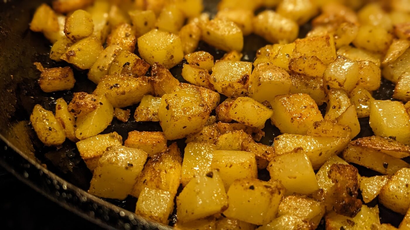 Breakfast potatoes / home fries prepared with method 2: diced smaller, no parboiling